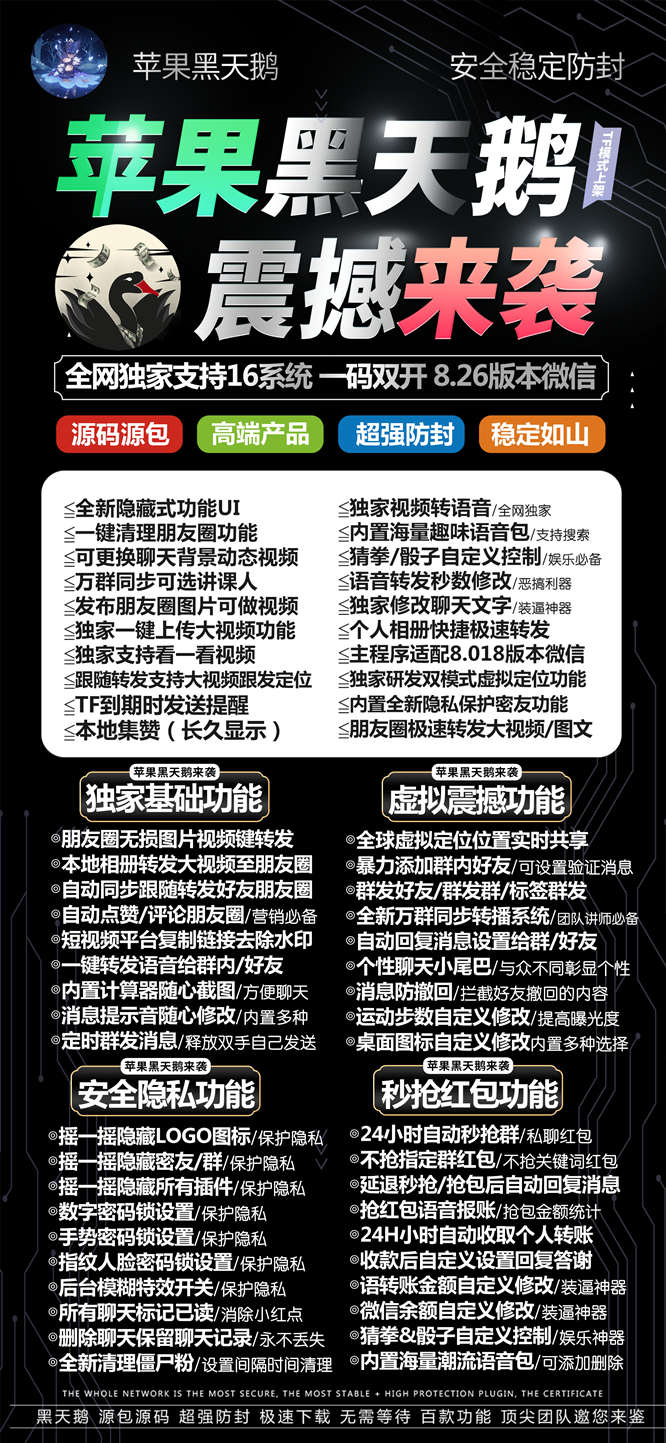 【苹果黑天鹅多开官网下载更新地址激活授权码卡密】24小时自助下单发卡《虚拟定位抢红包》微信多开